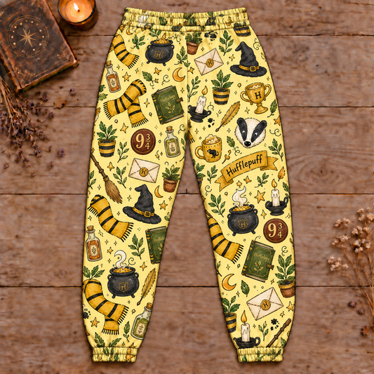 Harry Potter Hufflepuff Jogger Pants, Yellow Wizard Print Lounge Pants