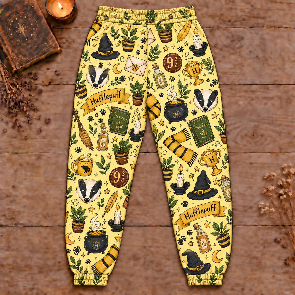 Harry Potter Hufflepuff Jogger Pants, Yellow Wizard Print Lounge Pants