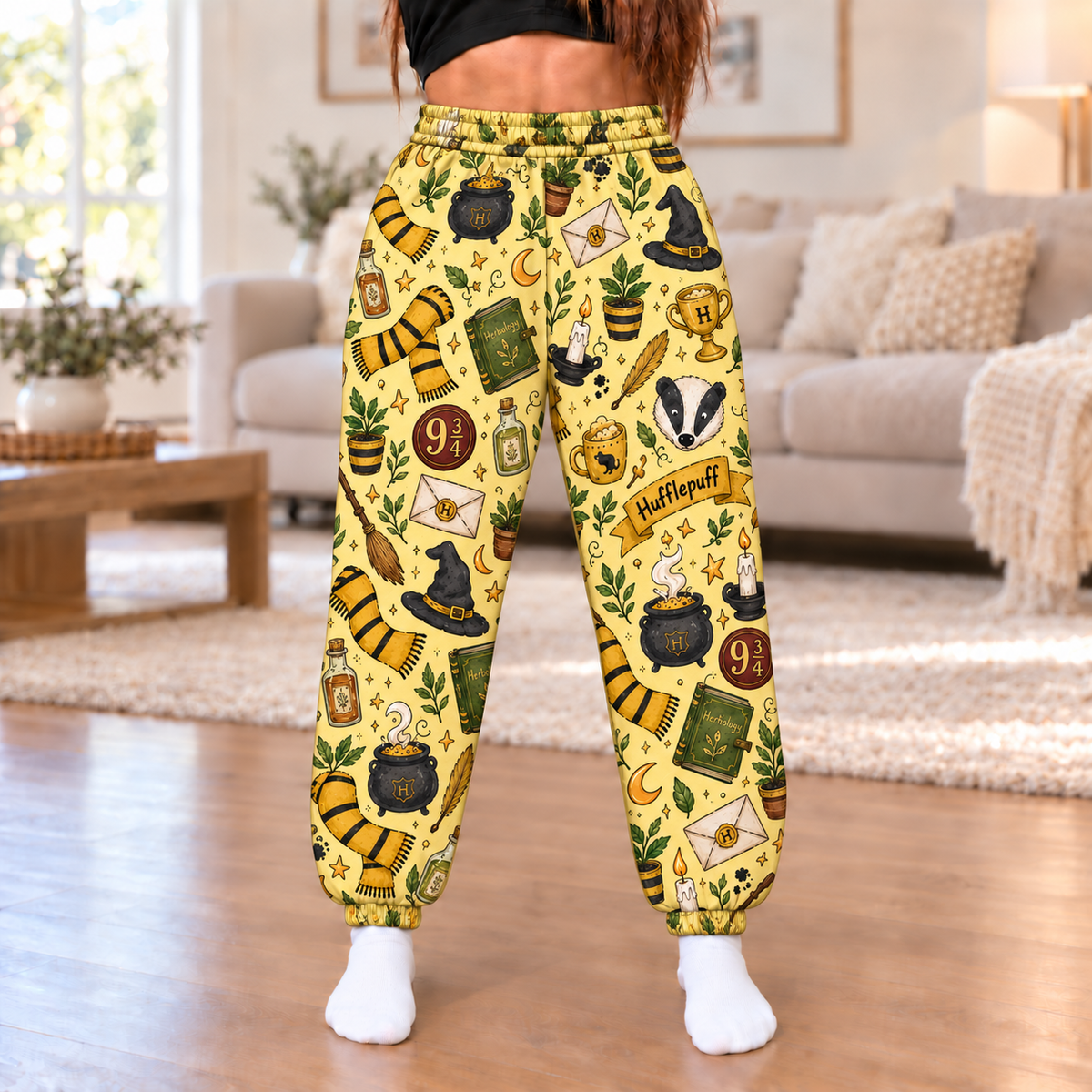 Harry Potter Hufflepuff Jogger Pants, Yellow Wizard Print Lounge Pants