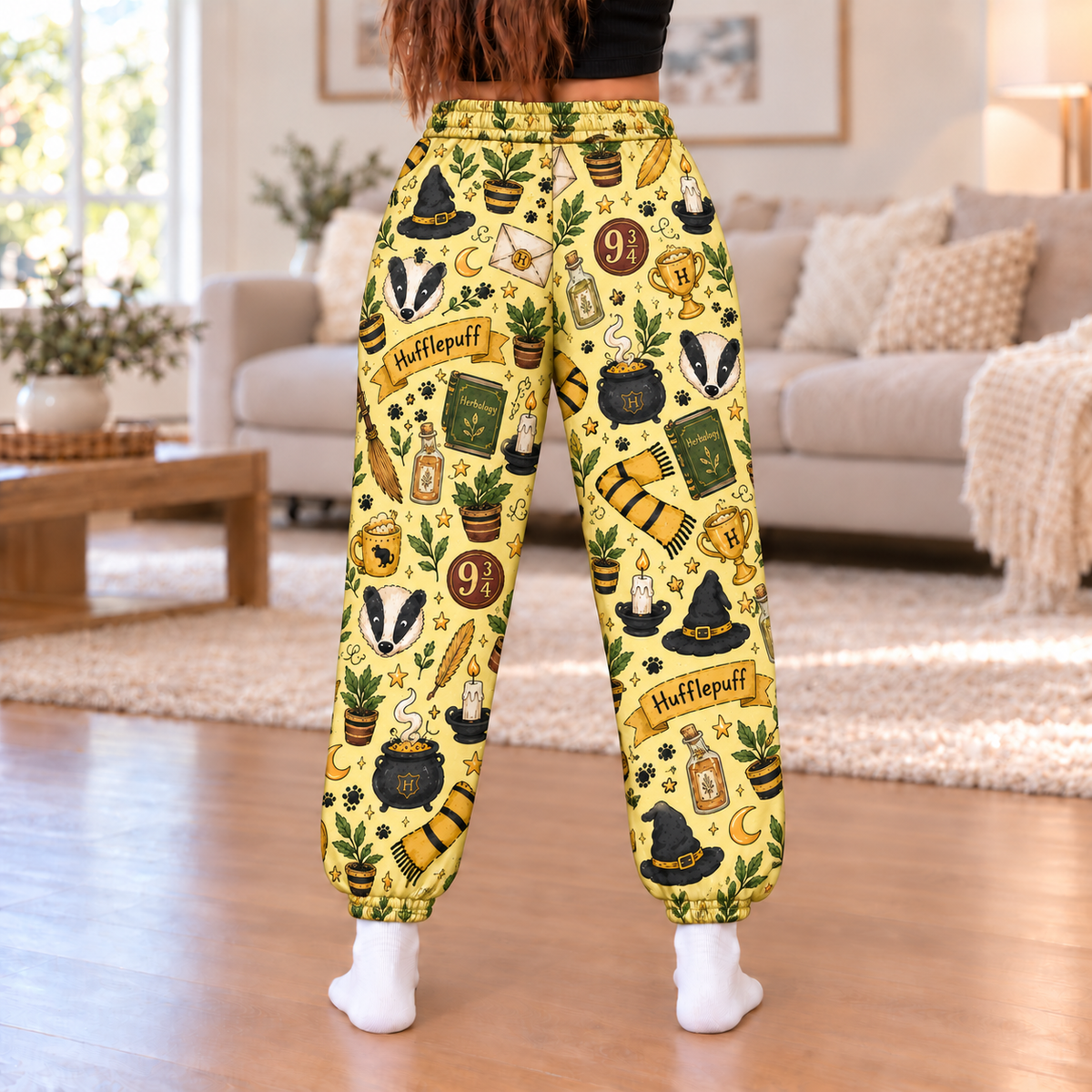 Harry Potter Hufflepuff Jogger Pants, Yellow Wizard Print Lounge Pants