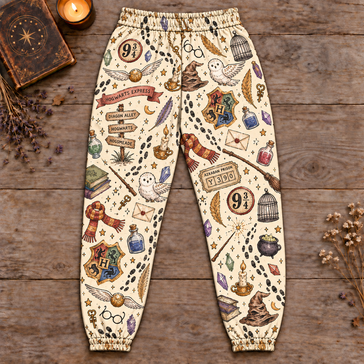Harry Potter Hogwarts Joggers, Cream Wizard Print Lounge Pants
