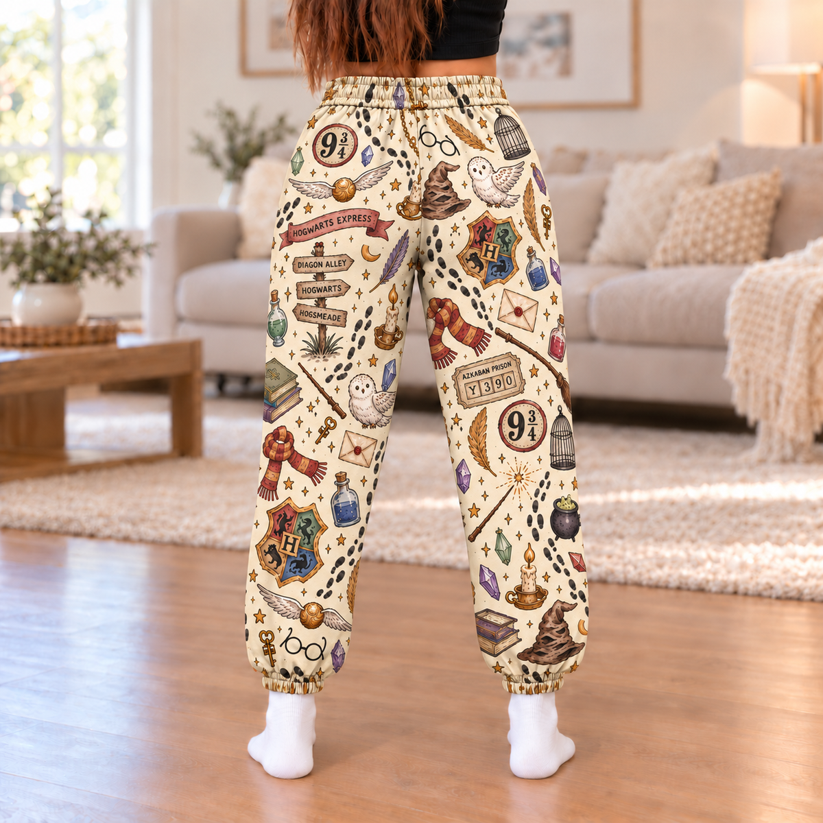 Harry Potter Hogwarts Joggers, Cream Wizard Print Lounge Pants