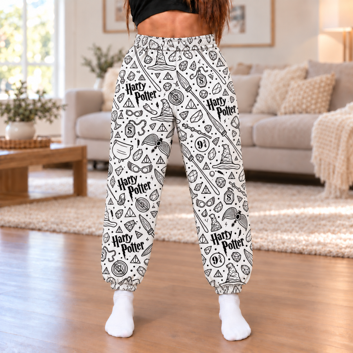 Harry Potter Joggers, Black and White Wizard Doodle Print Lounge Pants