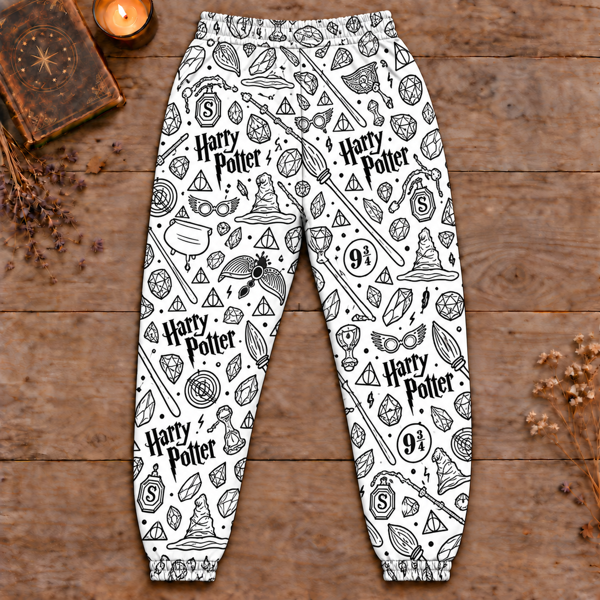 Harry Potter Joggers, Black and White Wizard Doodle Print Lounge Pants