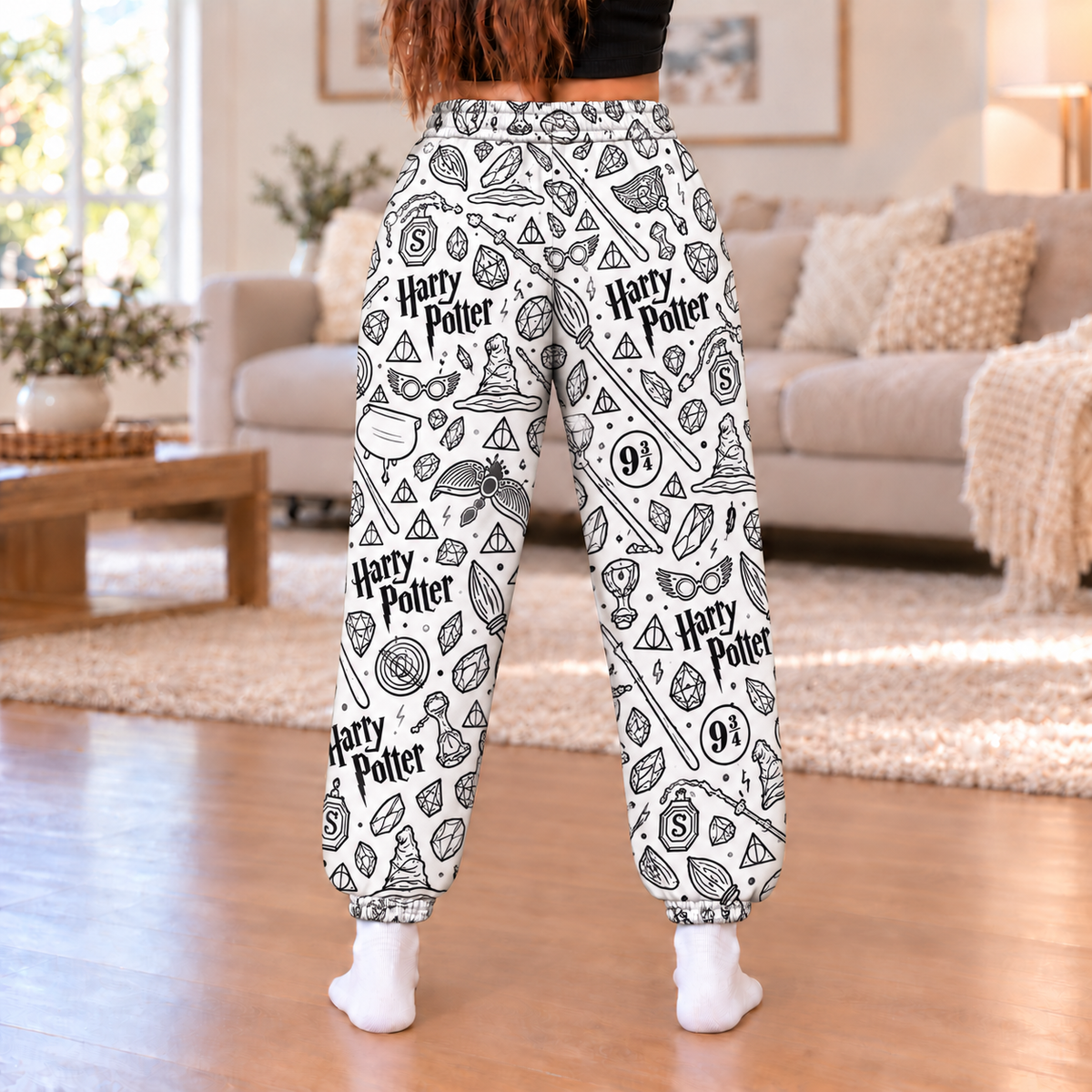 Harry Potter Joggers, Black and White Wizard Doodle Print Lounge Pants