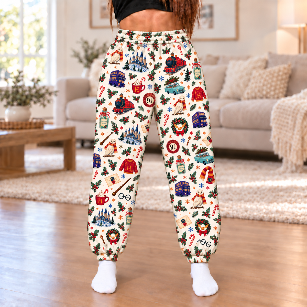 Harry Potter Christmas Joggers, Cream Holiday Lounge Pants