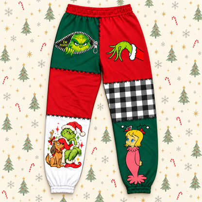 Grinch Christmas Jogger Pants, Patchwork Print Pants with Cindy Lou Who, Max and Plaid