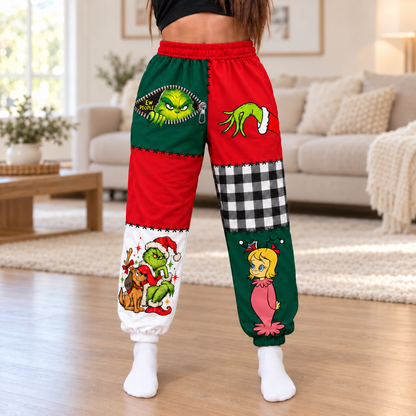 Grinch Christmas Jogger Pants, Patchwork Print Pants with Cindy Lou Who, Max and Plaid