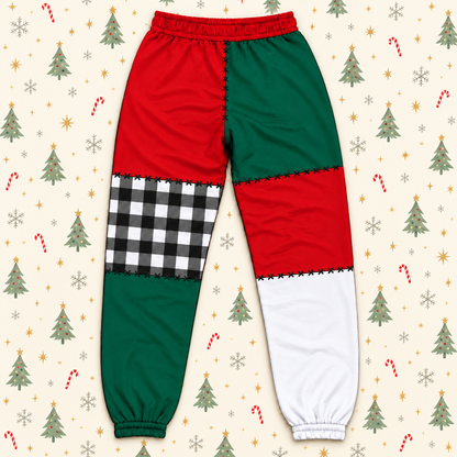 Grinch Christmas Jogger Pants, Patchwork Print Pants with Cindy Lou Who, Max and Plaid