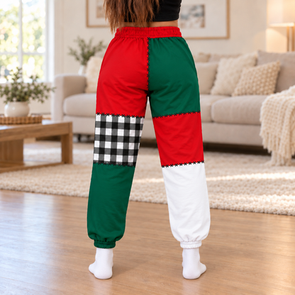 Grinch Christmas Jogger Pants, Patchwork Print Pants with Cindy Lou Who, Max and Plaid