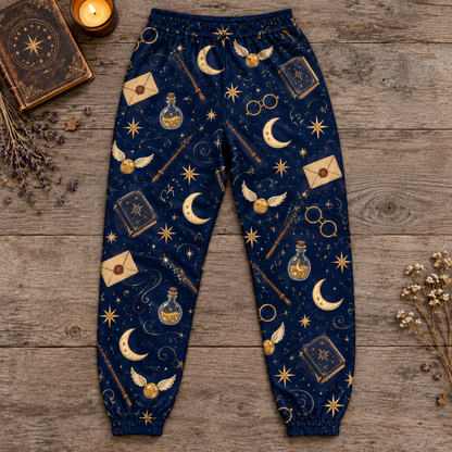 Harry Porter Wizard Jogger Pants, Navy and Gold Celestial Lounge Pants with Moons, Stars and Potions