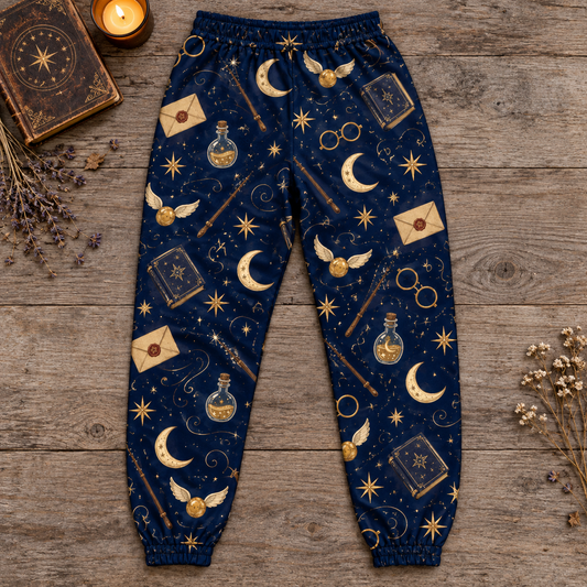 Harry Porter Wizard Jogger Pants, Navy and Gold Celestial Lounge Pants with Moons, Stars and Potions