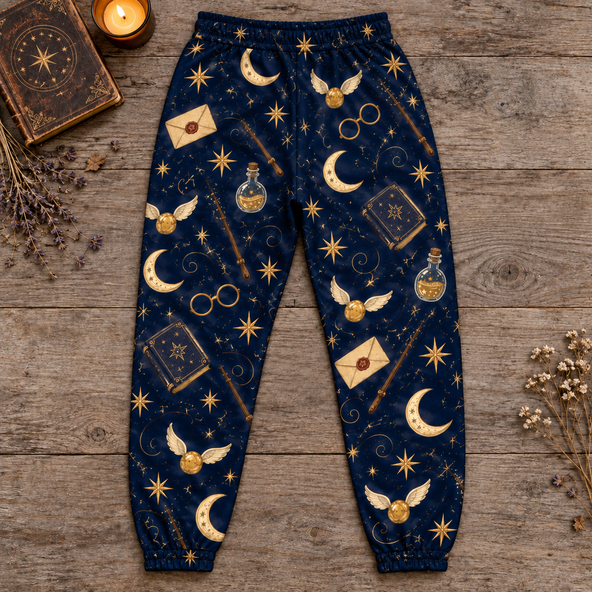 Harry Porter Wizard Jogger Pants, Navy and Gold Celestial Lounge Pants with Moons, Stars and Potions
