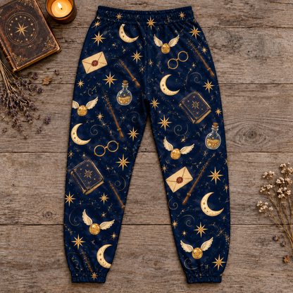 Harry Porter Wizard Jogger Pants, Navy and Gold Celestial Lounge Pants with Moons, Stars and Potions