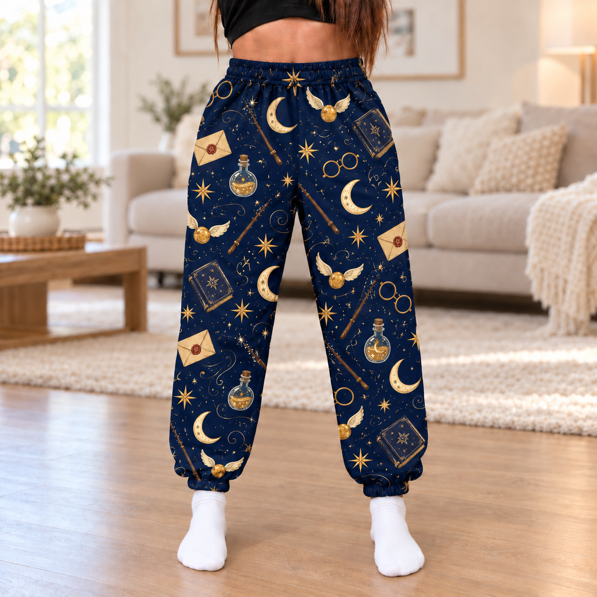 Harry Porter Wizard Jogger Pants, Navy and Gold Celestial Lounge Pants with Moons, Stars and Potions