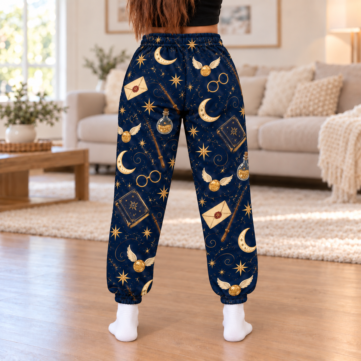 Harry Porter Wizard Jogger Pants, Navy and Gold Celestial Lounge Pants with Moons, Stars and Potions