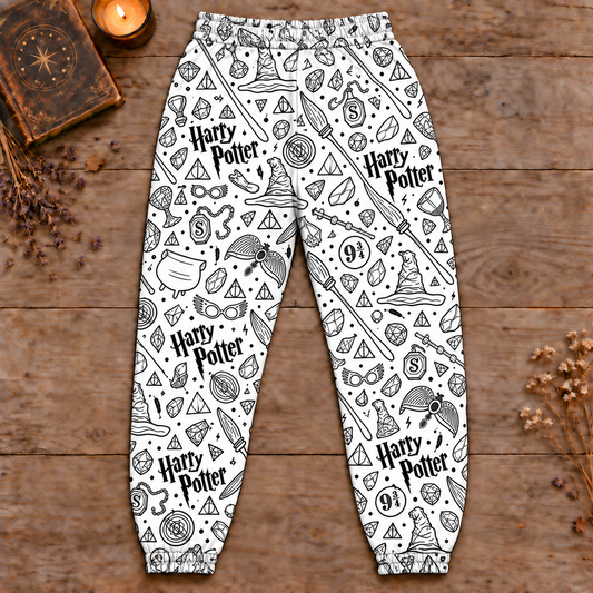 Harry Potter Joggers, Black and White Wizard Doodle Print Lounge Pants