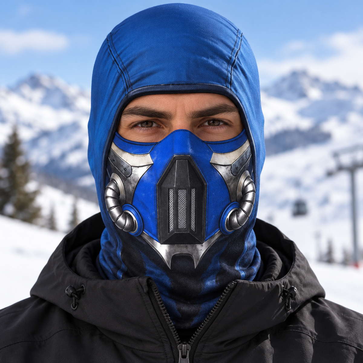 Ice Ninja Ski Mask, Blue Frost Armor Print Balaclava, Fighting Game Inspired Design, Gamer Gift