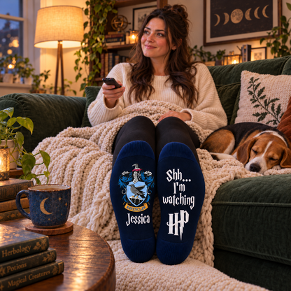 Personalized Wizard House Socks, Custom Name Checkered Socks with Eagle Crest