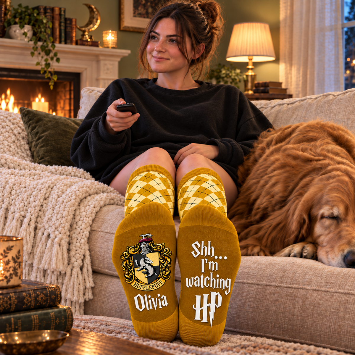 Personalized Wizard House Socks, Custom Name Checkered Socks with Badger Crest