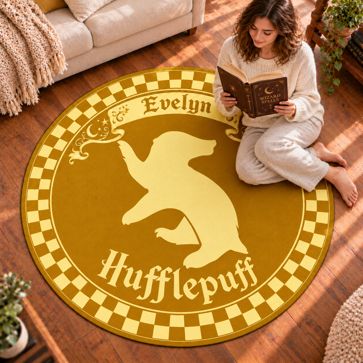 Personalized Wizard School Round Rug, Custom Name Badger House Carpet