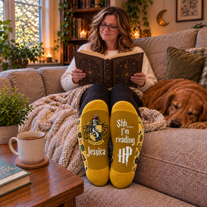 Personalized Wizard House Socks, Custom Name Socks with Badger Crest