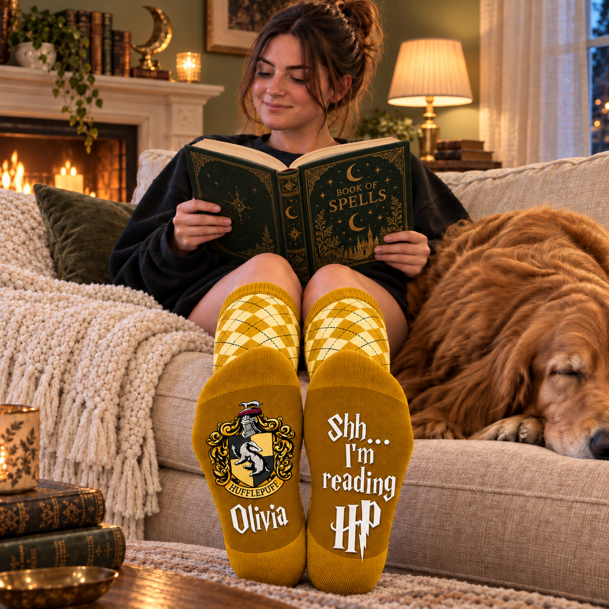 Personalized Wizard House Socks, Custom Name Checkered Socks with Badger Crest