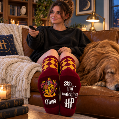 Personalized Wizard House Socks, Custom Name Checkered Socks with Lion Crest