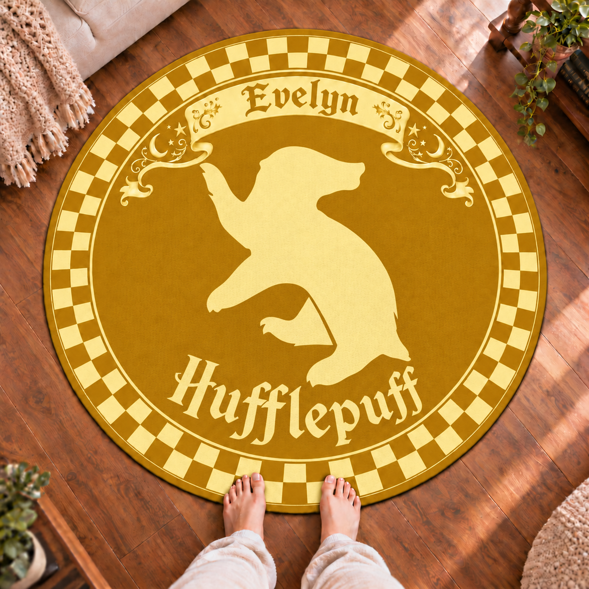 Personalized Wizard School Round Rug, Custom Name Badger House Carpet
