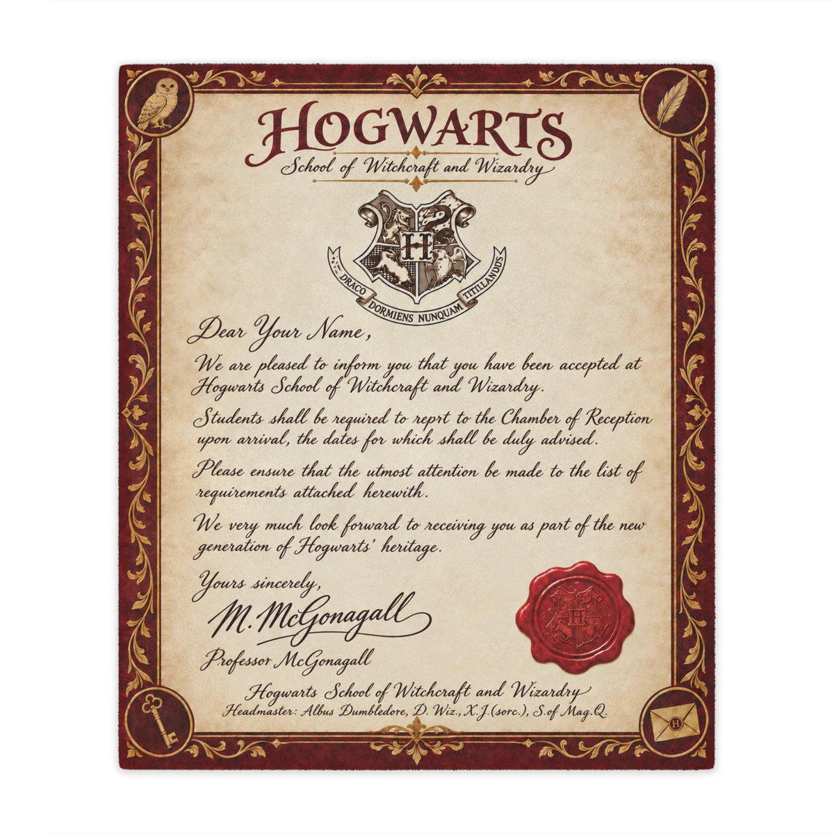Personalized Wizard Acceptance Letter Blanket