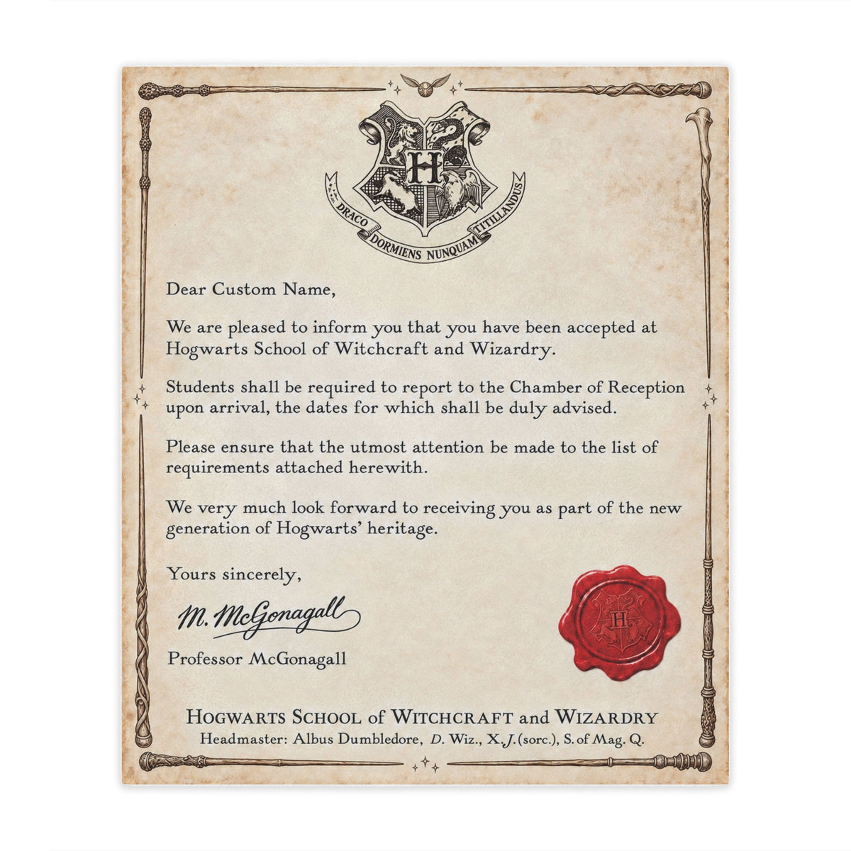 Personalized Wizard Acceptance Letter Blanket