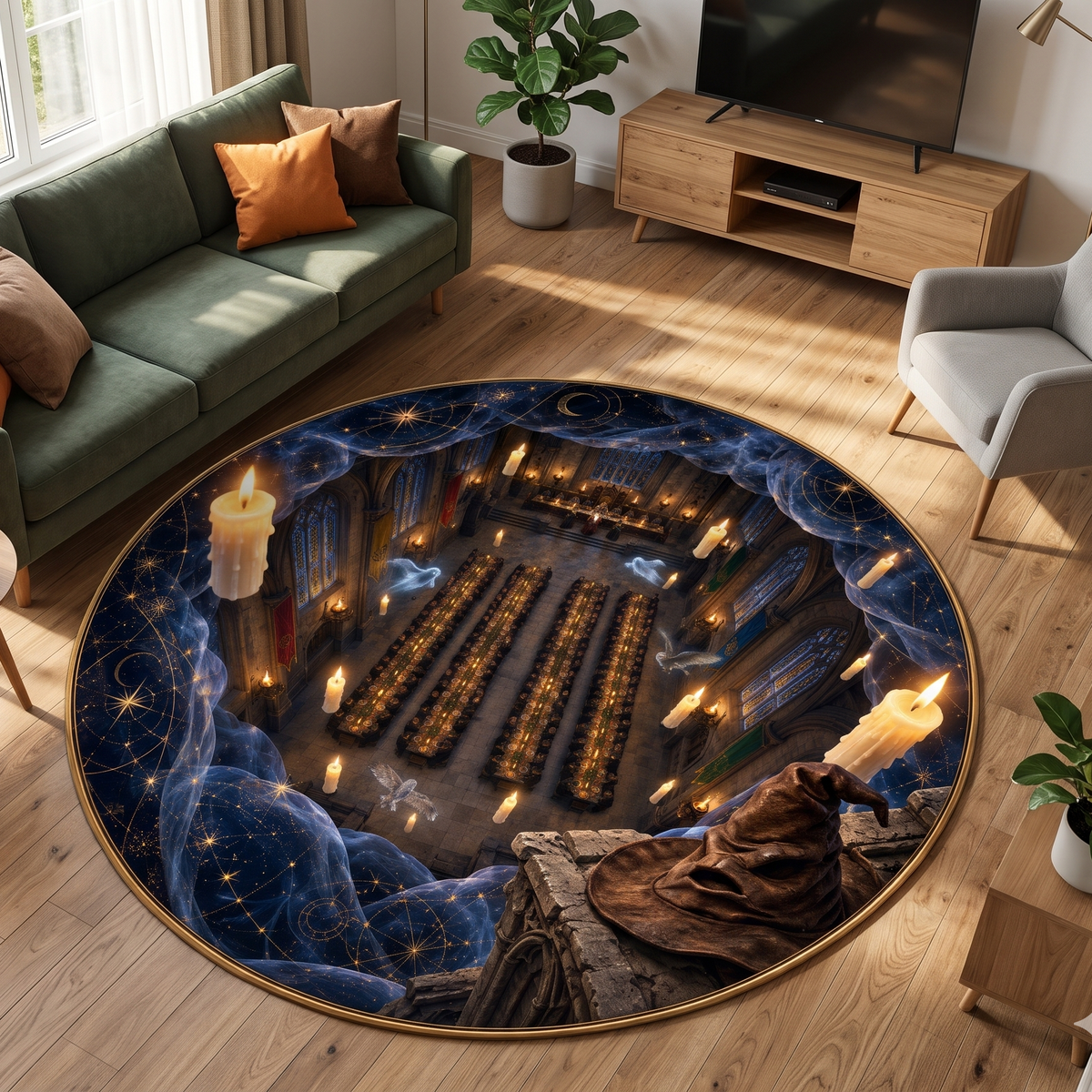 Enchanted Banquet Hall 3D Illusion Round Rug – Starry Night & Floating Candles