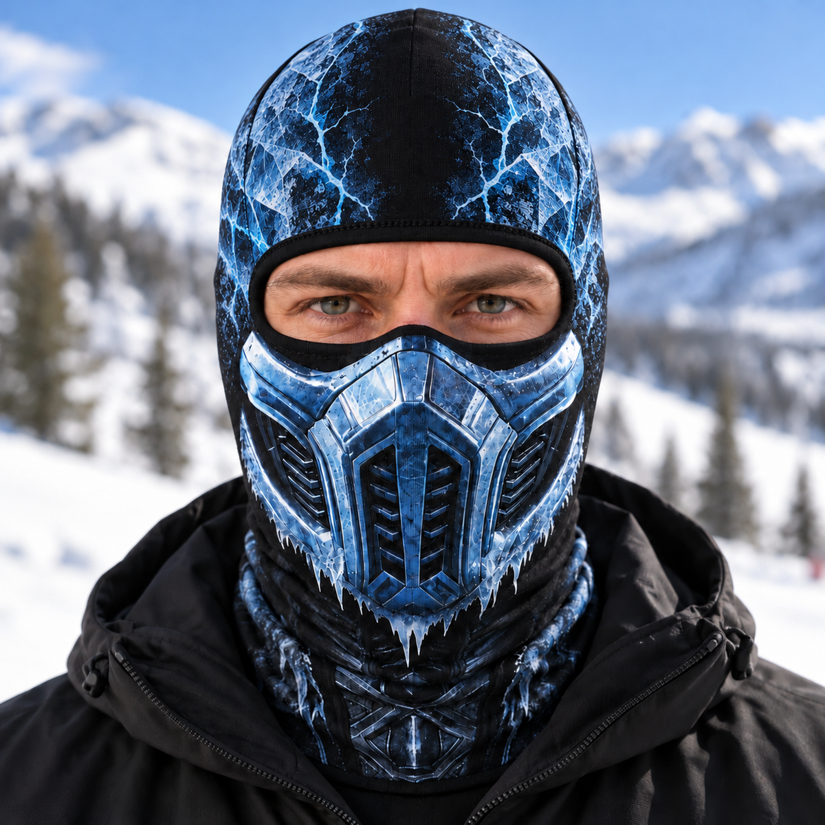 Ice Ninja Ski Mask, Blue Frost Armor Print Balaclava, Fighting Game Inspired Design, Gamer Gift