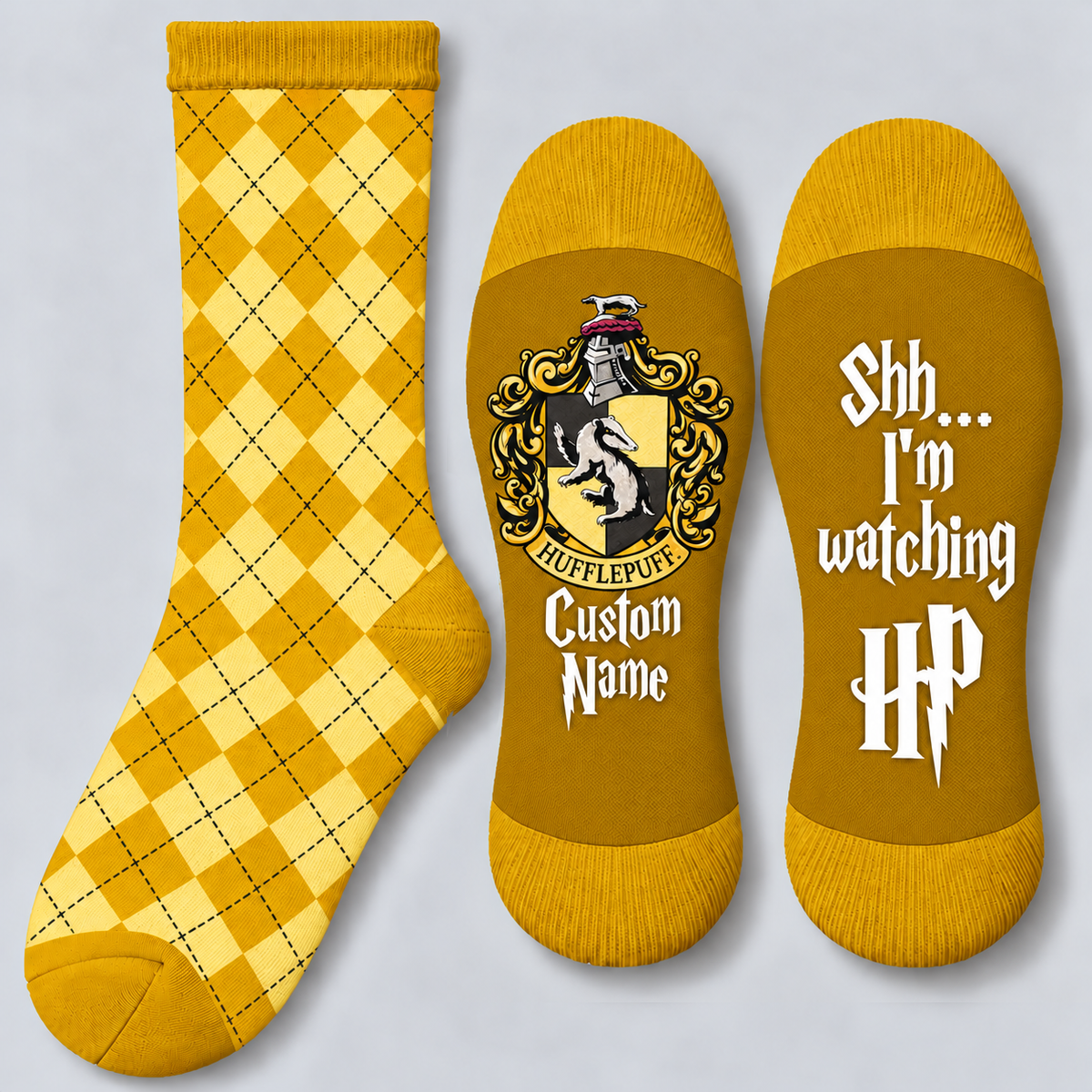 Personalized Wizard House Socks, Custom Name Checkered Socks with Badger Crest