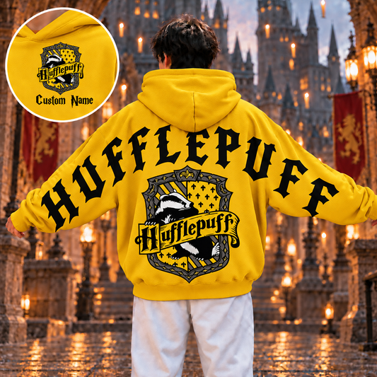 Personalized Wizard Hufflepuff Hoodie, Custom Name Sweatshirt with Badger Crest