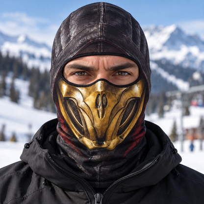 Fire Ninja Ski Mask, Gold Armor Print Balaclava, Fighting Game Inspired Face Cover, Gamer Gift