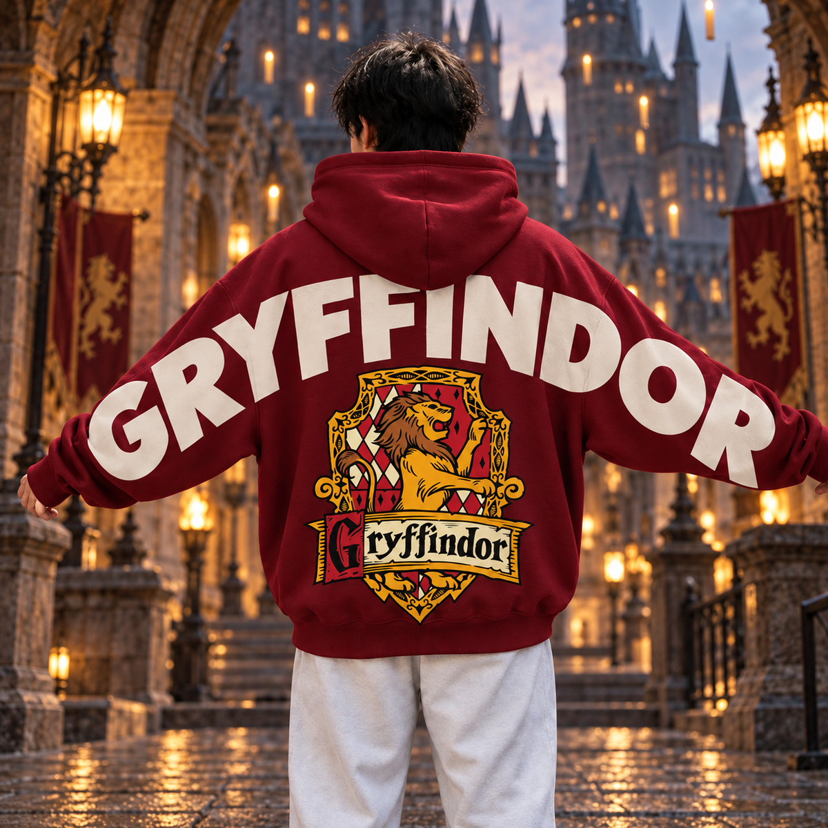 Wizard Gryffindor Hoodie, Oversized Sweatshirt with Lion Crest and Back Print
