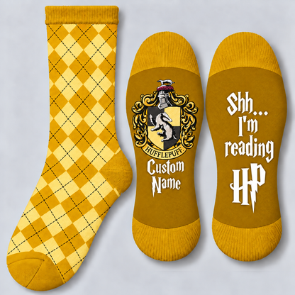 Personalized Wizard House Socks, Custom Name Checkered Socks with Badger Crest