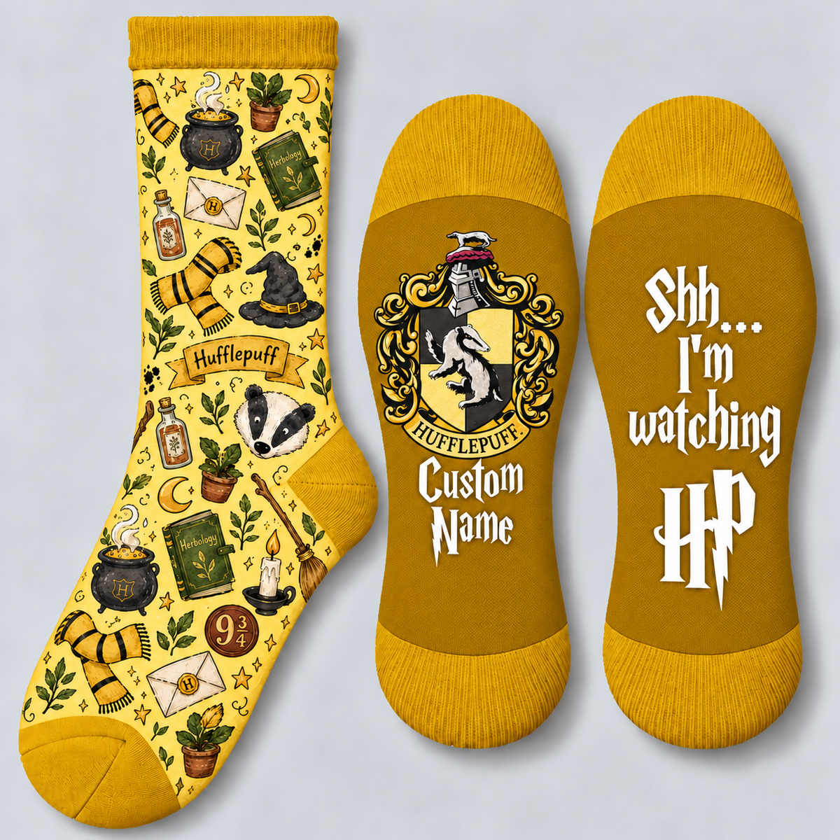 Personalized Wizard House Socks, Custom Name Socks with Badger Crest