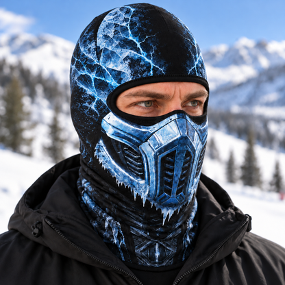 Ice Ninja Ski Mask, Blue Frost Armor Print Balaclava, Fighting Game Inspired Design, Gamer Gift