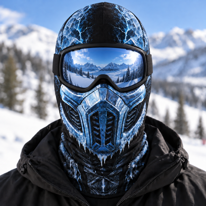 Ice Ninja Ski Mask, Blue Frost Armor Print Balaclava, Fighting Game Inspired Design, Gamer Gift
