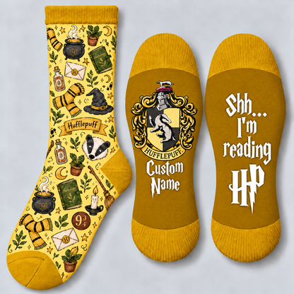 Personalized Wizard House Socks, Custom Name Socks with Badger Crest