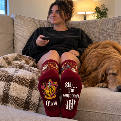 Personalized Wizard House Socks, Custom Name Socks with Lion Crest