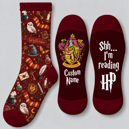 Personalized Wizard House Socks, Custom Name Socks with Lion Crest
