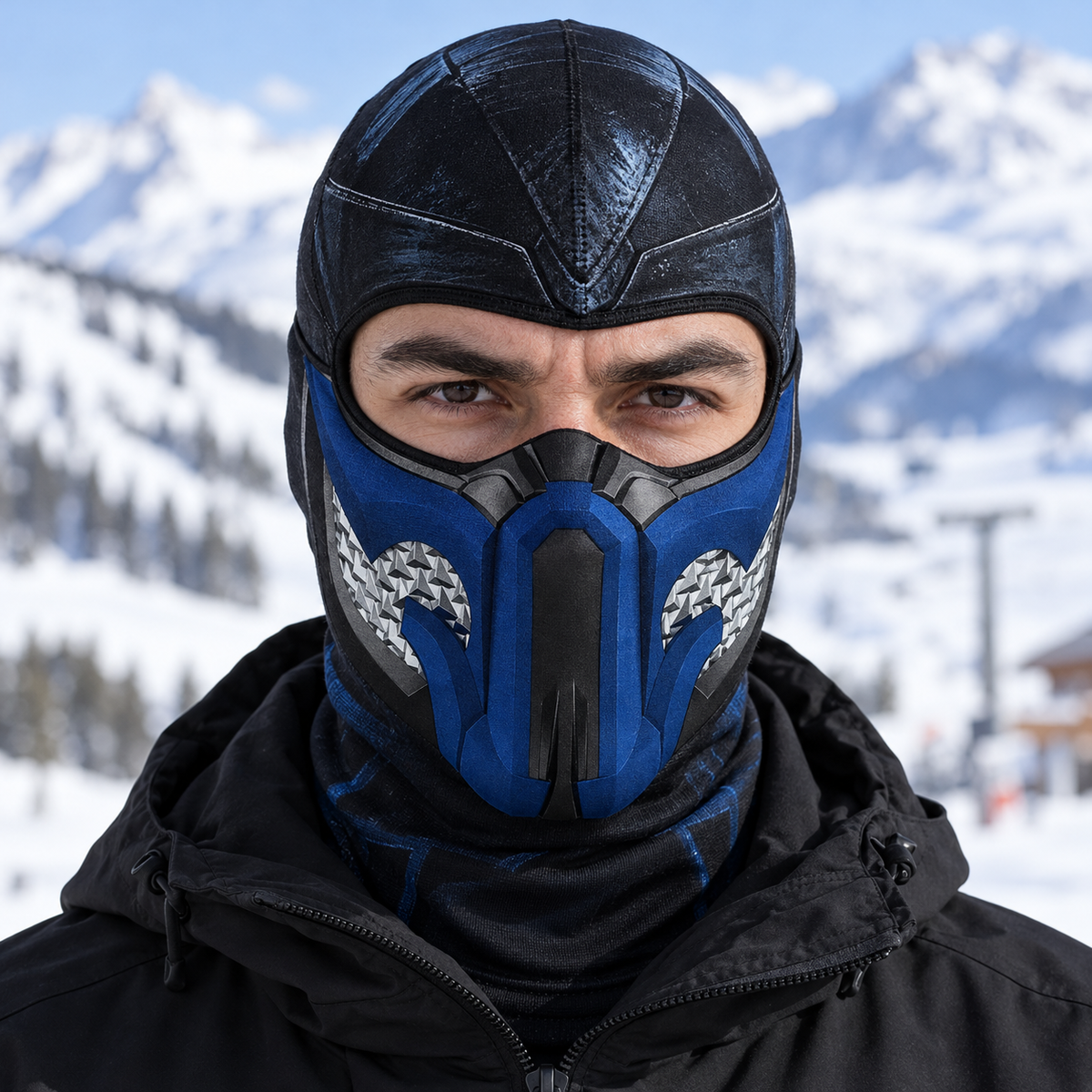 Ice Ninja Ski Mask, Blue Frost Armor Print Balaclava, Fighting Game Inspired Design, Gamer Gift