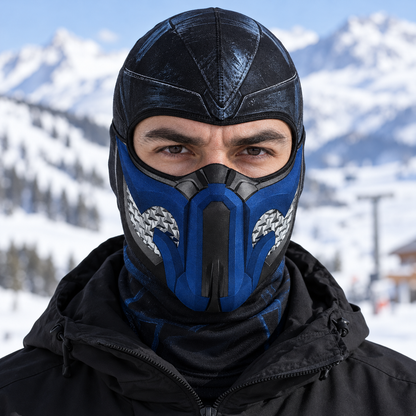 Ice Ninja Ski Mask, Blue Frost Armor Print Balaclava, Fighting Game Inspired Design, Gamer Gift