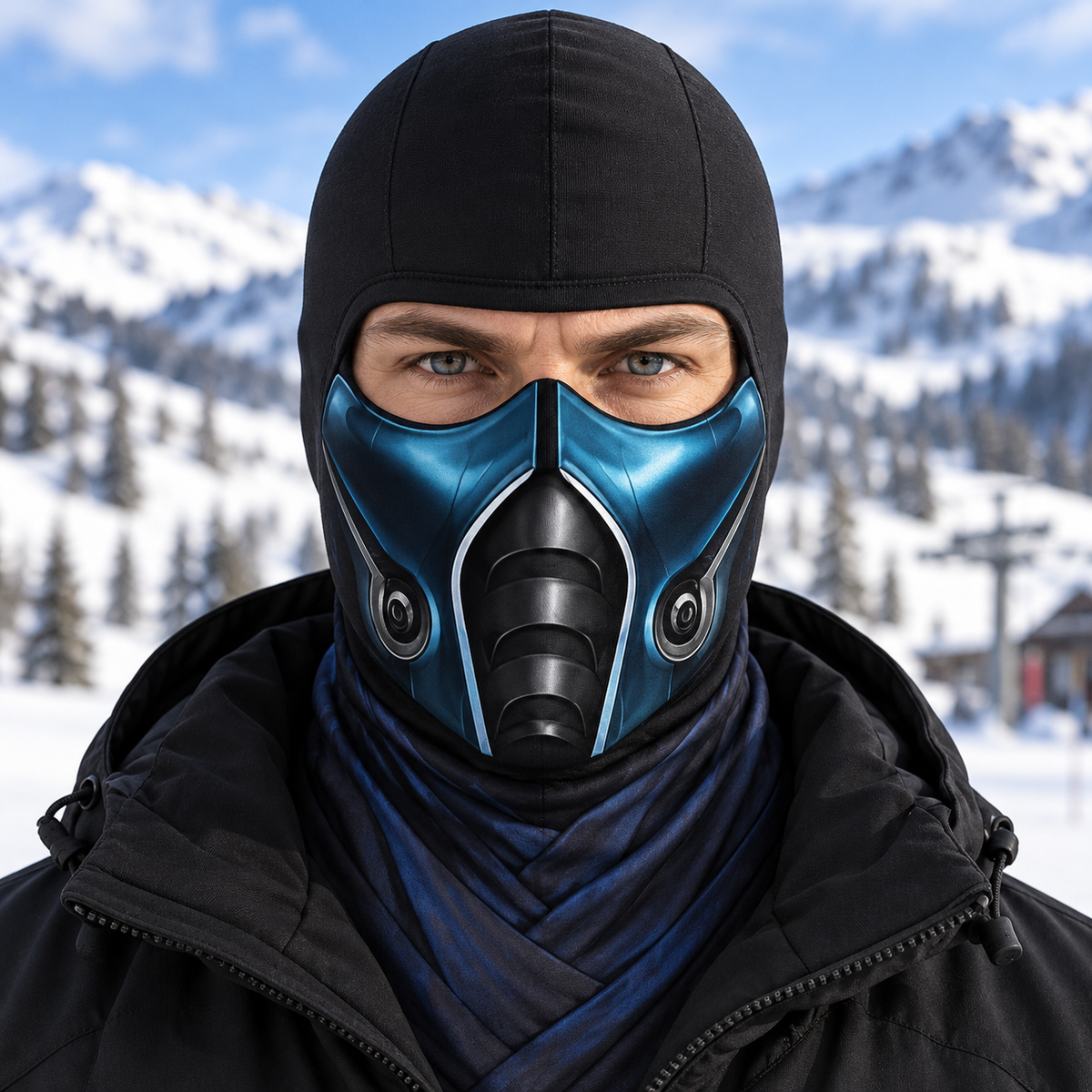 Ice Ninja Ski Mask, Blue Frost Armor Print Balaclava, Fighting Game Inspired Design, Gamer Gift