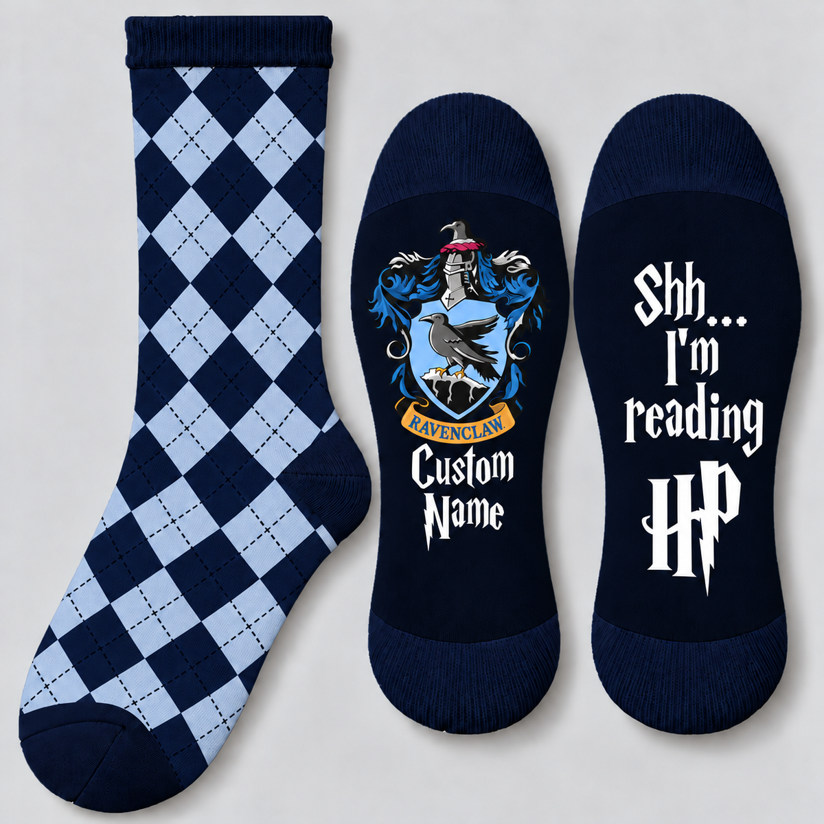 Personalized Wizard House Socks, Custom Name Checkered Socks with Eagle Crest