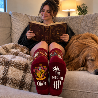 Personalized Wizard House Socks, Custom Name Socks with Lion Crest