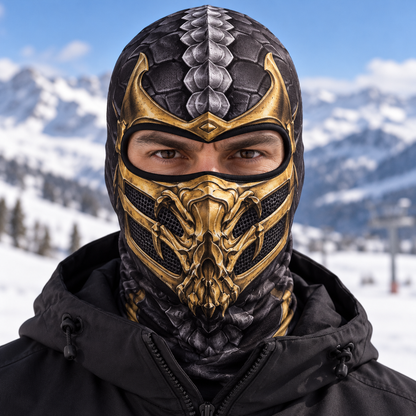 Fire Ninja Ski Mask, Gold Armor Print Balaclava, Fighting Game Inspired Face Cover, Gamer Gift